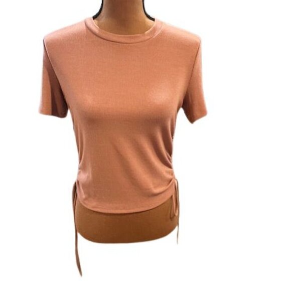Zara Ribbed and Side Ruched Short Sleeve T-Shirt in Brown – Size Large - Picture 1 of 5